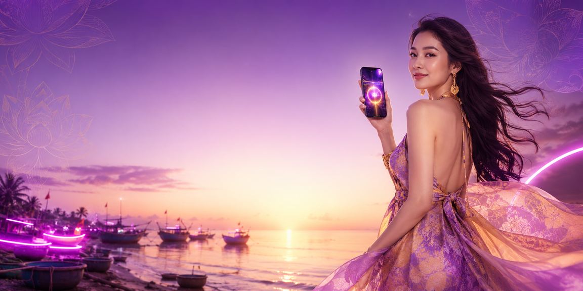 Người dùng chơi casino trên điện thoại tại bãi biển Mũi Né buổi chiều